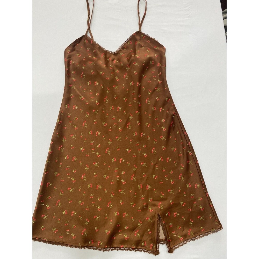 Wild Fable Brown Cherry Print Satin Mini Slip Dress Lace Trim Cottagecore Boho S
